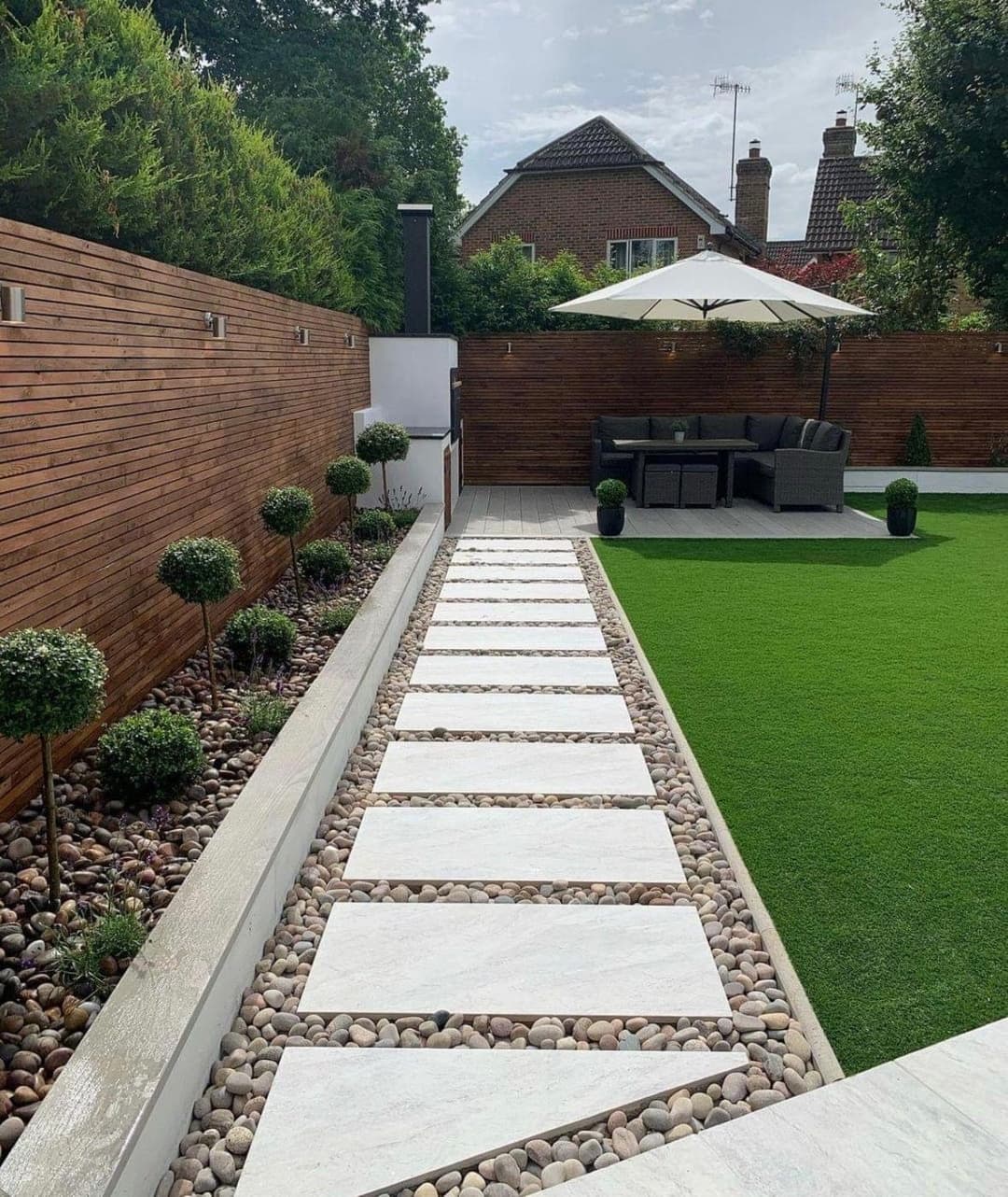 picture of a newly landscaped and hardscaped backyard with pavers and newly installed and cut grass